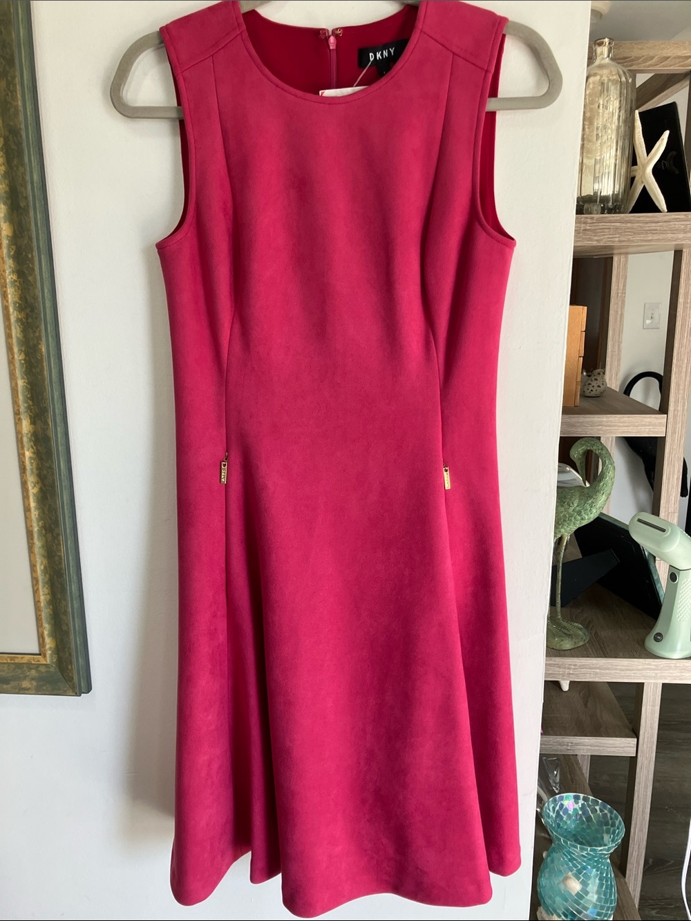 DKNY NWT Faux Suede Sleeveless Fit & Flare Zip Pocket Dress Fuchsia 4